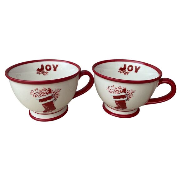 Starbucks Holiday 2007 “JOY” Mug Set of 2 Red Rim 10 oz Santa Stocking Cups - Picture 2 of 6